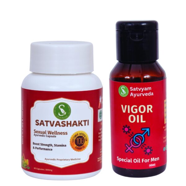 Satvyam Ayurveda Sexual Wellness Combo Pack || SatvaShakti Capsules (60 Cap.) & Vigor Oil (50ml) || One Month Treatment Package